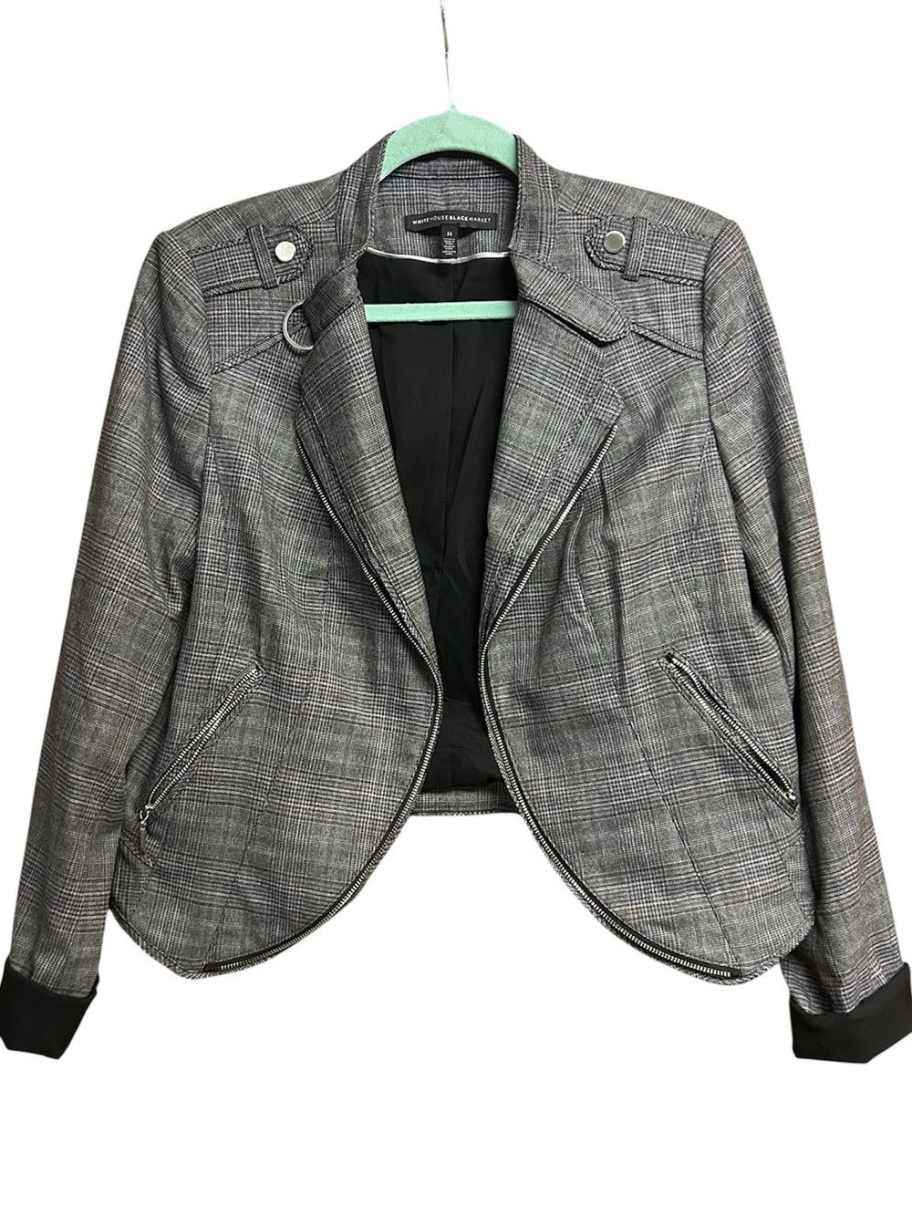 White House Black Market Black and White Plaid Open Cropped Jacket